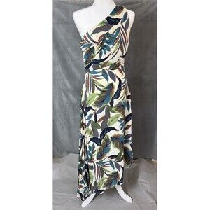 Nicole Miller One Shoulder Tropical Leaf Print Midi Dress Size 8 Asymetrical